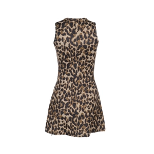 Detail view of the back of a slim-fit sleeveless dress featuring stylish leopard print