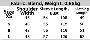 Size chart showing XS to L measurements for the faux fur short jacket with stand collar