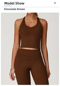 Chocolate brown cross back yoga bra and leggings set shown on model in studio