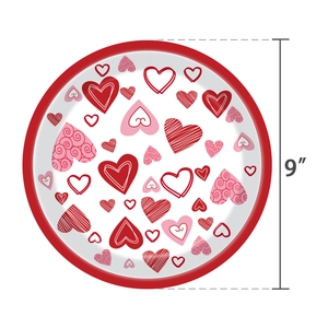 9-inch Valentine's Day paper plate with red and pink heart patterns for party decor