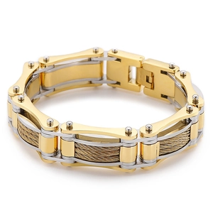 Industrial two-tone stainless steel cable chain bracelet with fold-over clasp for men
