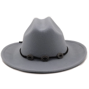 Light gray wool felt fedora hat with wide brim and vintage silver buckles decoration