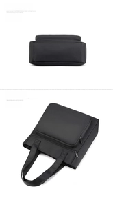 Detail showing the bottom and side view of the waterproof black nylon tote bag