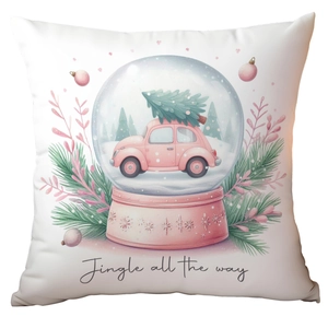 Detail of Christmas pillowcase with watercolor snow globe and pink car illustration