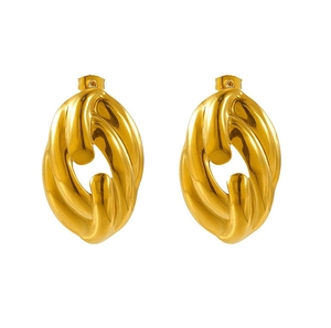 Detailed view of chunky twisted oval gold earrings with a high-polished mirror finish