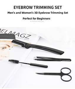 Detailed view of professional 4-piece matte black eyebrow trimming kit on white background