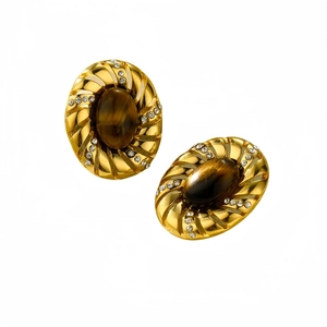 Vintage oval tiger eye stone earrings with gold spiral texture and diamond accents