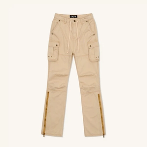 Detail of khaki cargo pants featuring drawstring waist, side flap pockets and hem zippers