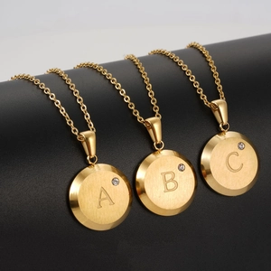 18K gold plated stainless steel letter necklace set with sparkling round crystal pendants