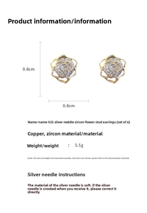 Detail view of 6-piece hollow rose stud earrings with zircon and size specifications