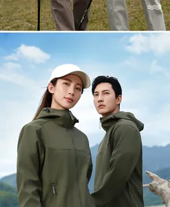 Detail of olive green softshell jacket with hood and adjustable velcro cuffs for hiking