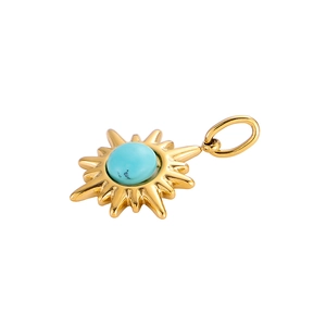 Detail of a golden sunburst pendant with a round sky blue turquoise gemstone
