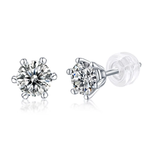 Elegant S925 sterling silver six-prong moissanite stud earrings with silicone backings