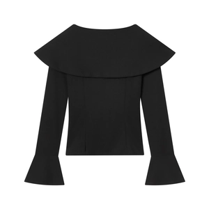 Detail of black V-neck top featuring wide lapels and dramatic flared bell sleeves