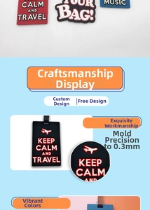 Detail of colorful PVC luggage tags featuring Keep Calm and Travel on blue background