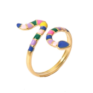 Detailed view of colorful enamel snake ring with 18k gold plating in a modern wave design