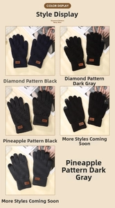 Close-up of knit touchscreen gloves featuring diamond and pineapple texture patterns