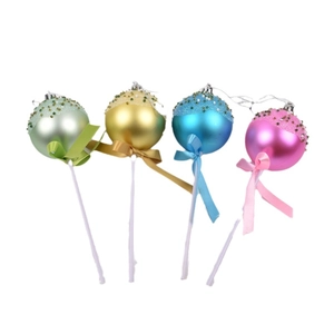 Colorful Christmas candy lollipop ornaments set with bows in four pearlescent finishes