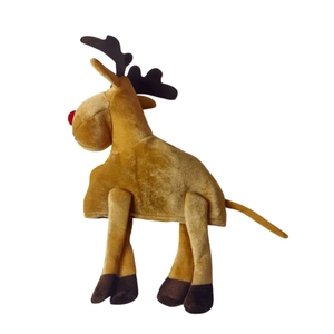 Macro view of soft plush reindeer pet costume with brown antlers and a red nose detail