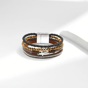 Multilayer leather wrap bracelet with crystal chain and golden cross charm