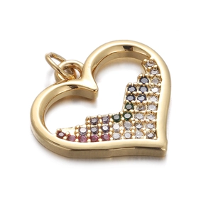 Close-up of heart-shaped gold pendant featuring colorful cubic zirconia stone inlay