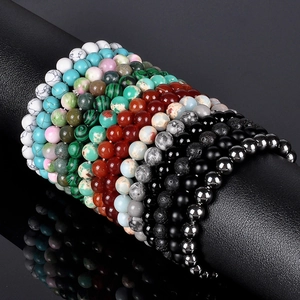 Natural Stone Beaded Bracelet Round Lava Rock Agate Turquoise Elastic Stretch Handmade Jewelry For Women Men Unisex