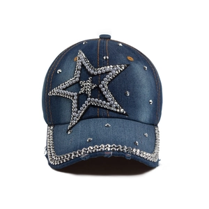 Denim baseball cap with rhinestone star, silver studs and distressed brim details