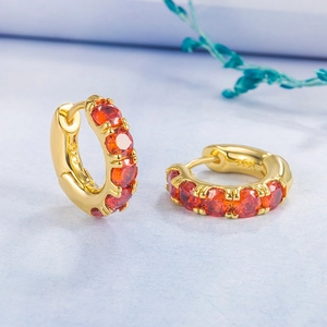 Gold plated S925 sterling silver hoop earrings set with round red zircon stones