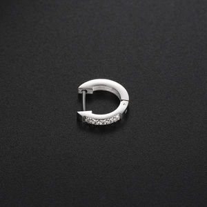 Close-up of a silver stainless steel hoop earring with sparkling cubic zirconia inlay