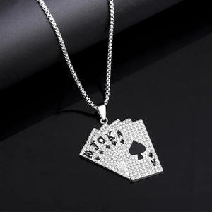 Poker Card Royal Flush Pendant Necklace Alloy Encrusted With Rhinestones Stainless Steel Box Chain Hip Hop Street Style