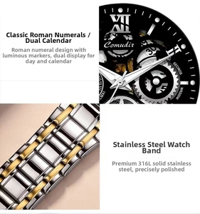 Detail of 316L stainless steel watch band and dial with Roman numerals and day-date