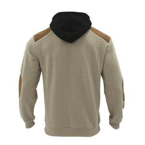 Rear view of men's quilted hoodie featuring beige body and brown contrast elbow patches