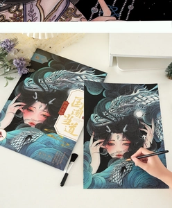 Dettaglio di carta scratch art ragazza drago cinese con onde e decorazioni floreali