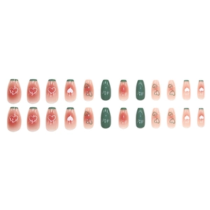 Pink and green gradient coffin press-on nails with heart designs, set of 24 pieces