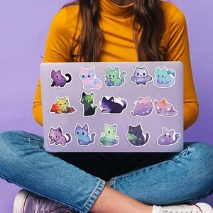 Dreamy colorful galaxy cat stickers set for laptop, guitar and luggage decoration