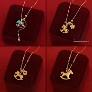 Rocking Horse Pendant Copper Necklace Real Gold Plated Retro Long Sweater Chain Minimalist Animal Jewelry For Women