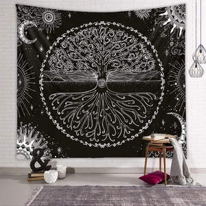 Detailed Tree of Life tapestry with celestial moon and sun patterns for wall decor