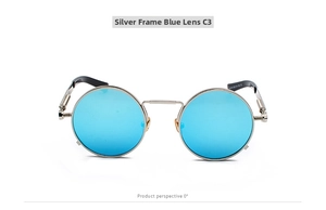 Macro shot of vintage round sunglasses with silver metal frame and blue lenses