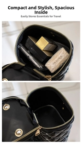 Close-up of black quilted mini makeup bag showing compact capacity for lipstick and powders