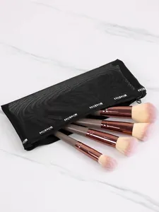 Portable black mesh cosmetic bag with large capacity and professional makeup brush set