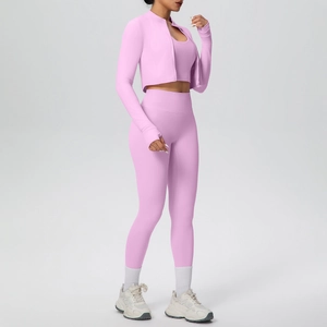 Completo yoga 3 pezzi con giacca rosa, reggiseno sportivo e leggings a vita alta