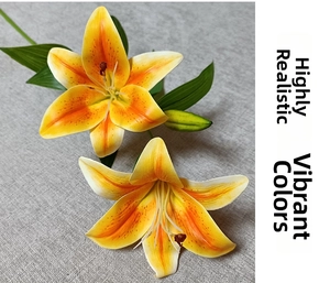 Detail of 3D simulated lily with realistic orange gradient petals and green leaves
