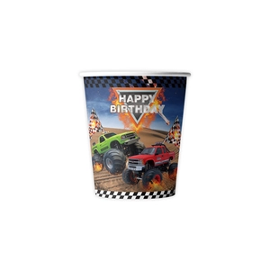 Monster truck theme birthday party paper cup featuring bold graphics on white background