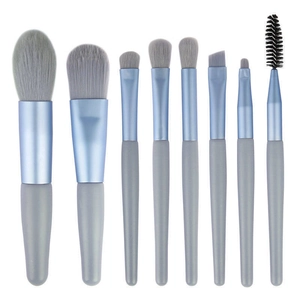 8-piece makeup brush set with matte grey handles and blue metal ferrules for daily beauty
