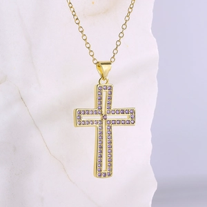 Hollow Cross Pendant Necklace Copper 18K Gold Plated Inlaid Colorful Zircon Elegant Religious Jewelry For Women Trendy