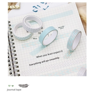 Close-up of four geometric washi tape rolls with triangle and wave patterns on a notebook