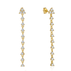 Macro detail of S925 silver gold tassel earrings with triangle studs and clear crystals