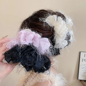 Pinces à cheveux chic en tissu acrylique à franges rose, blanc et noir pour coiffures