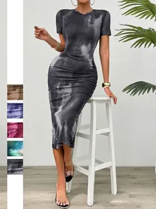 Abito Midi Bodycon Arricciato Tie Dye Girocollo Maniche Corte Donna Mesh Slim Fit Estate Elegante