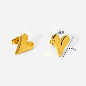 Macro detail of 18k gold plated heart stud earrings showing 1.2cm x 1.4cm dimensions